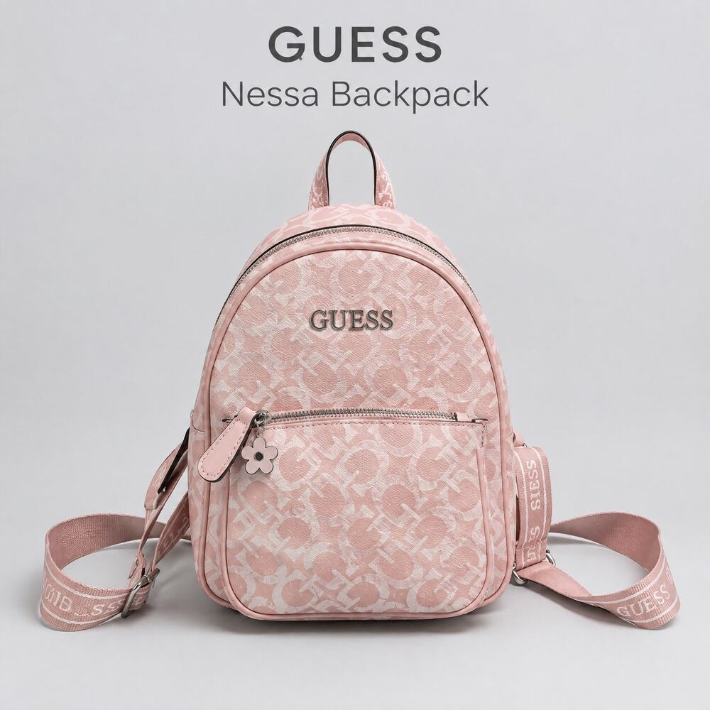 GUESS Nessa Mini Backpack Blush Pink Monogram Logo Adjustable Strap Purse